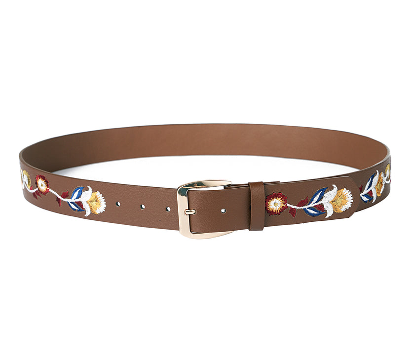 Brown detailed floral embroidered belt - S/M