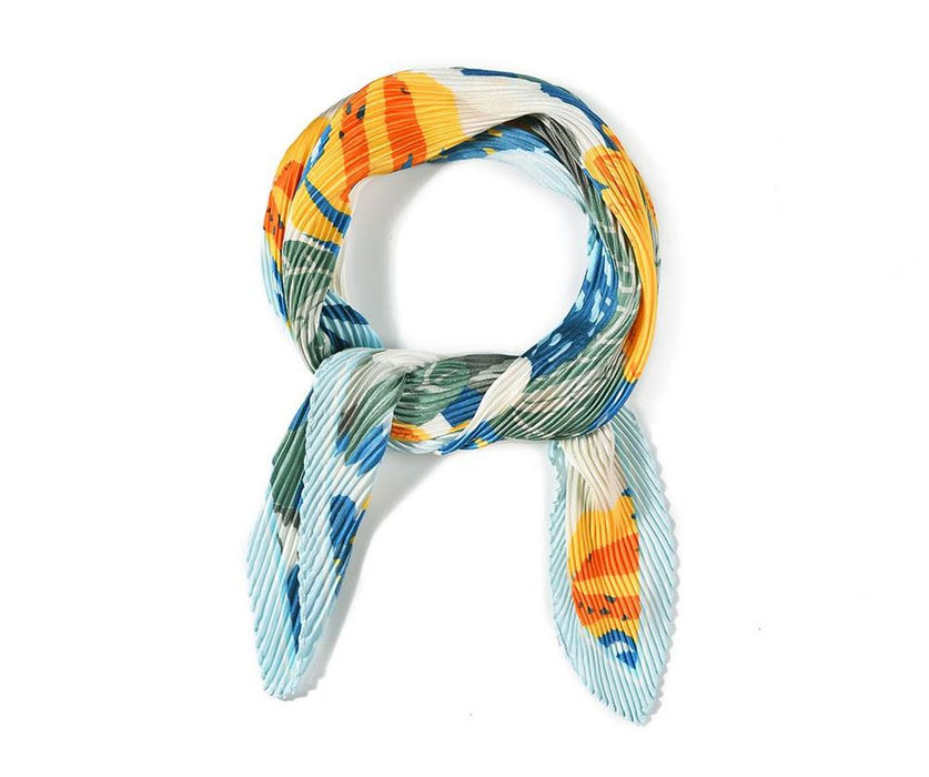 Blue Floral Silk Like Pleated Square Scarf